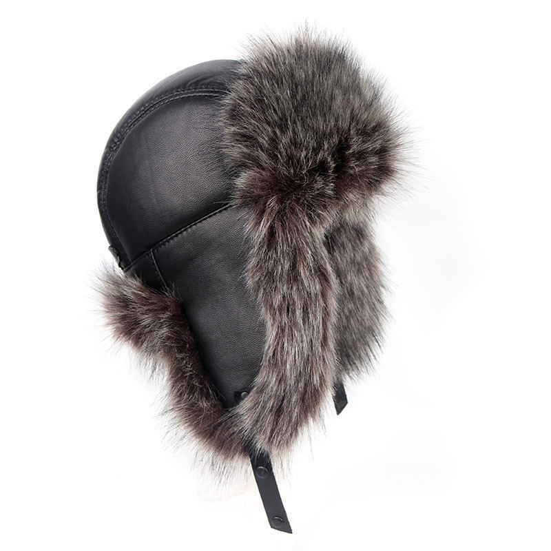 Leather Trapper Winter Faux Fur Hat Russian Ushanka with Ear Flaps