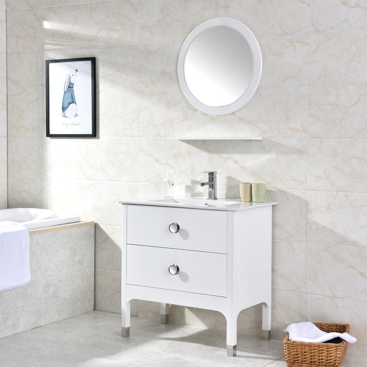 Modern home standing PVC bathroom cabinet with mirror shelf