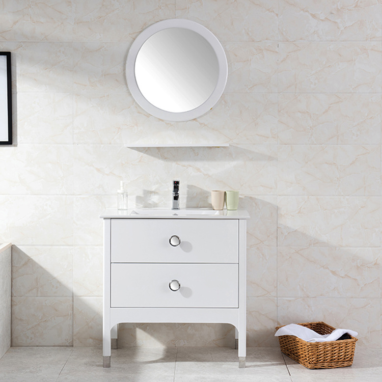 Modern home standing PVC bathroom cabinet with mirror shelf