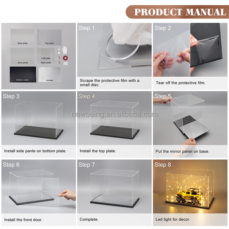 Clear Display Case Acrylic Display Box with Mirror for Model Car Dustproof Showcase for Action Figures or Trophy Collections