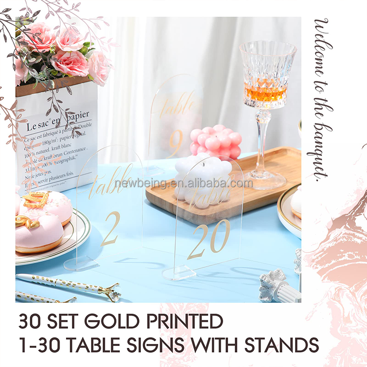 Acrylic Sign Gold Printed 1-30 Table Signs with Clear Table Number Display Stand for Wedding Reception Event Party