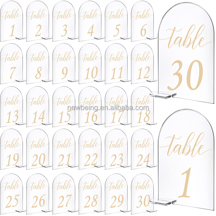 Acrylic Sign Gold Printed 1-30 Table Signs with Clear Table Number Display Stand for Wedding Reception Event Party