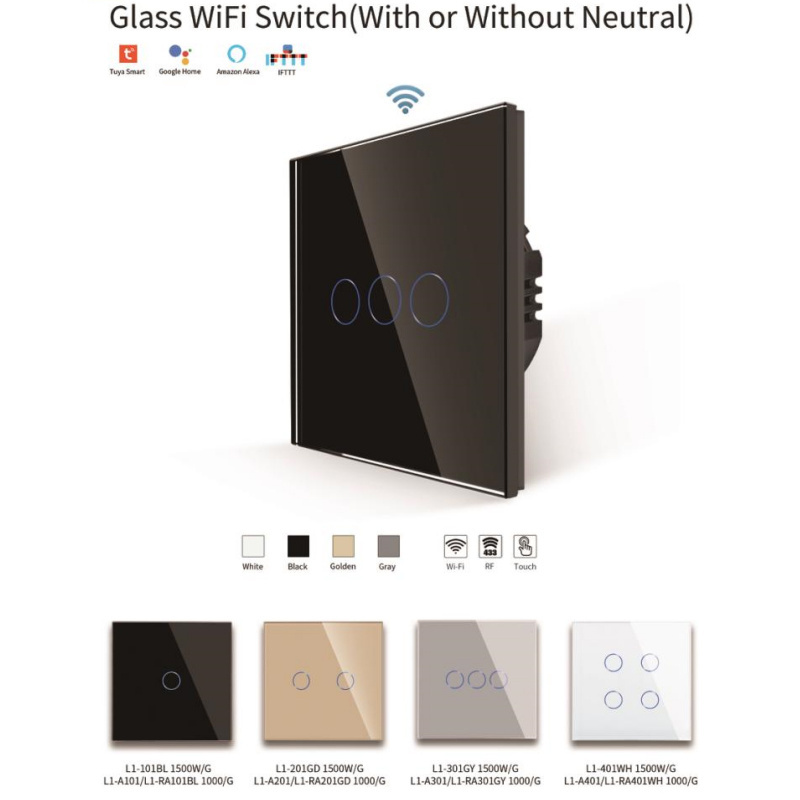 Tuya Smart Eu Standard WIFI Switch With Neutral Tempered Glass Touch Wall Smart Switch 1/2/3/4 Gang Smart Switch