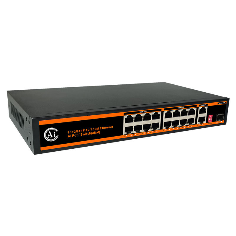 16* 100Mbps PoE + 2* Gigabit Uplink with 1* Sfp Fiber Gigabit Port 16 Port PoE Switch extend 250 meters 48V