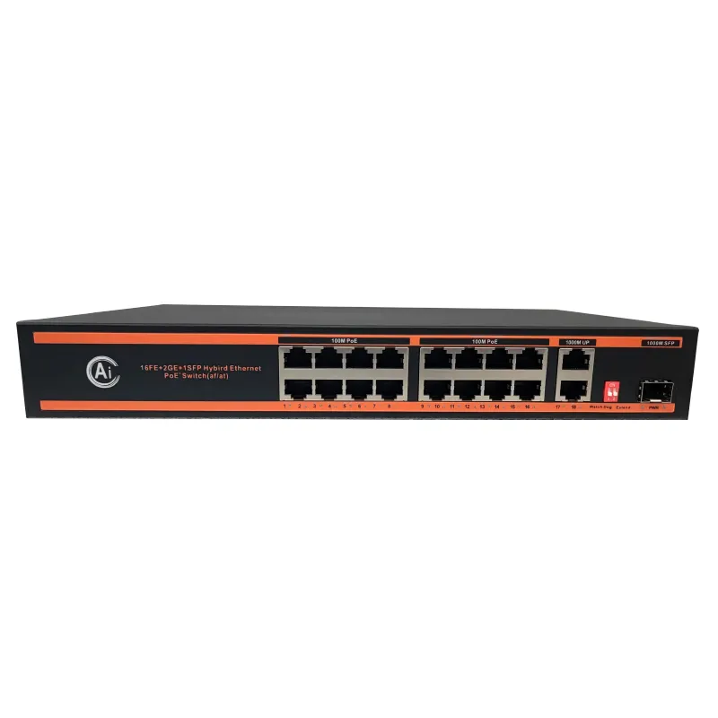 16* 100Mbps PoE + 2* Gigabit Uplink with 1* Sfp Fiber Gigabit Port 16 Port PoE Switch extend 250 meters 48V