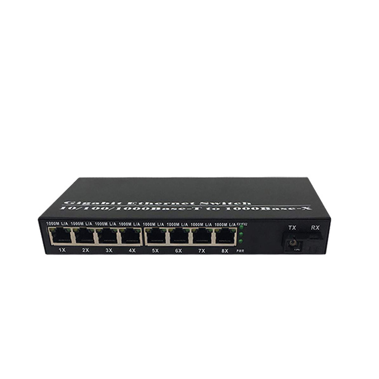 Smart 100/1000base 8 RJ45 Ports to 1 SC Optical Fiber Switch Gigabit Media Converter for cctv cameras