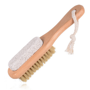 Wholesale 2 in 1 double-sided foot care scrub with wooden handle foot file and pumice stone cleaning brush nail dusting brush