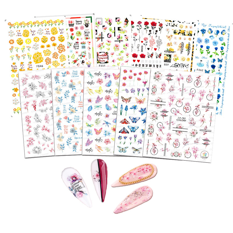 Rose Daisy Peach Blossom Cherry Butterfly Flower Decals Nail Art Decorations Floral Nail Stickers