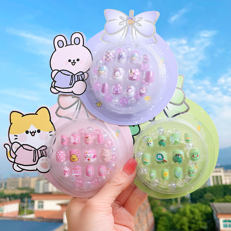 12pcs/box Cute cartoon bear cat self glue children little girl nail tips custom press on nails for kids with bracelet