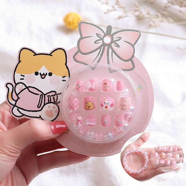 12pcs/box Cute cartoon bear cat self glue children little girl nail tips custom press on nails for kids with bracelet