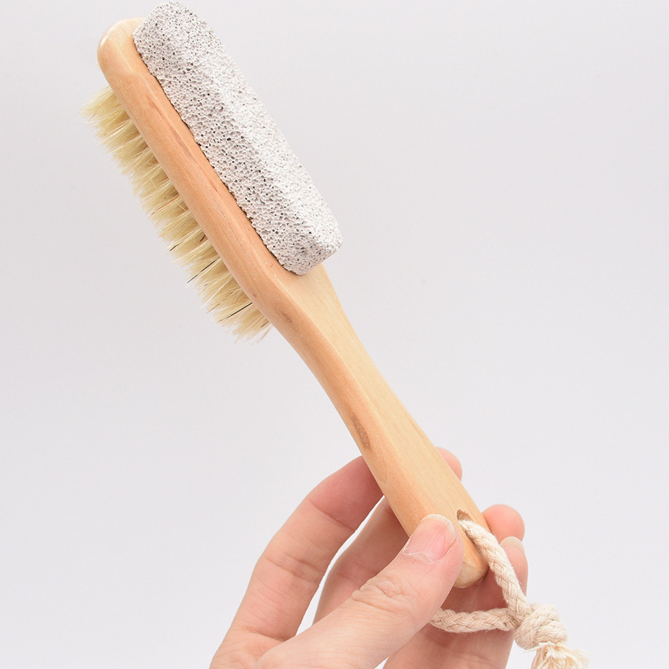 Wholesale 2 in 1 double-sided foot care scrub with wooden handle foot file and pumice stone cleaning brush nail dusting brush