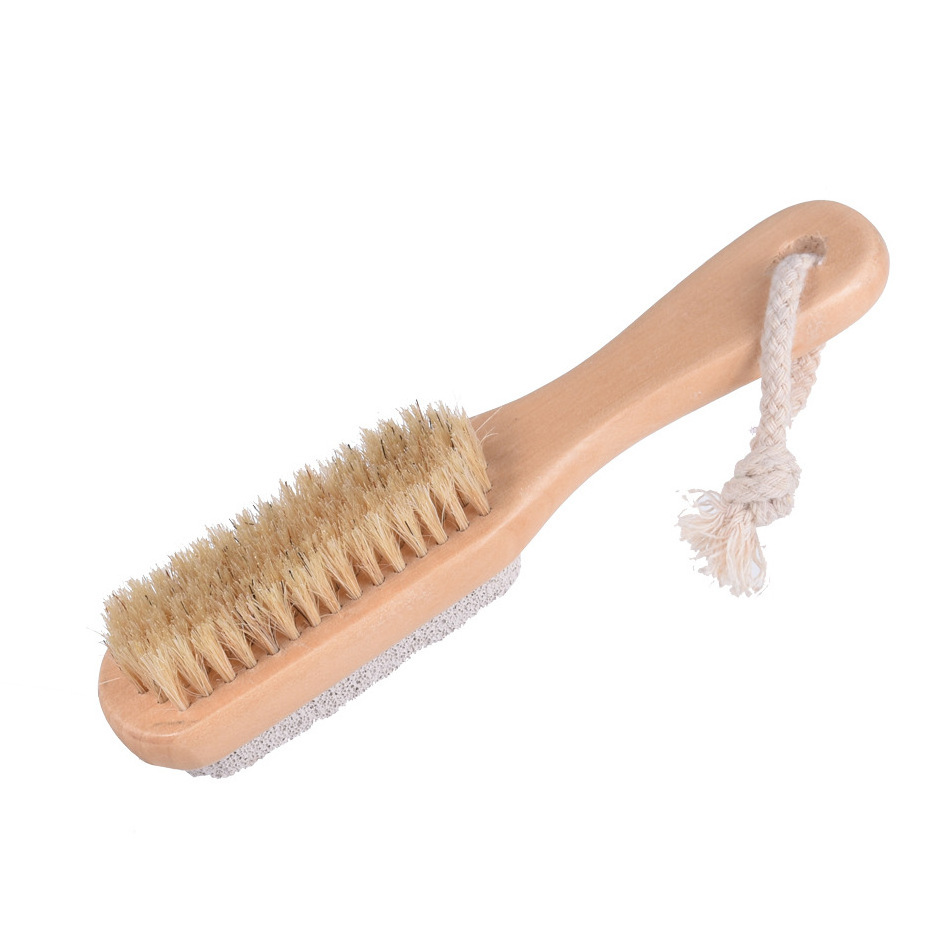 Wholesale 2 in 1 double-sided foot care scrub with wooden handle foot file and pumice stone cleaning brush nail dusting brush