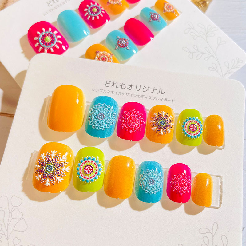 24pcs embossed colorful bohemian reusable child kids press on nails supplies stick on nails press