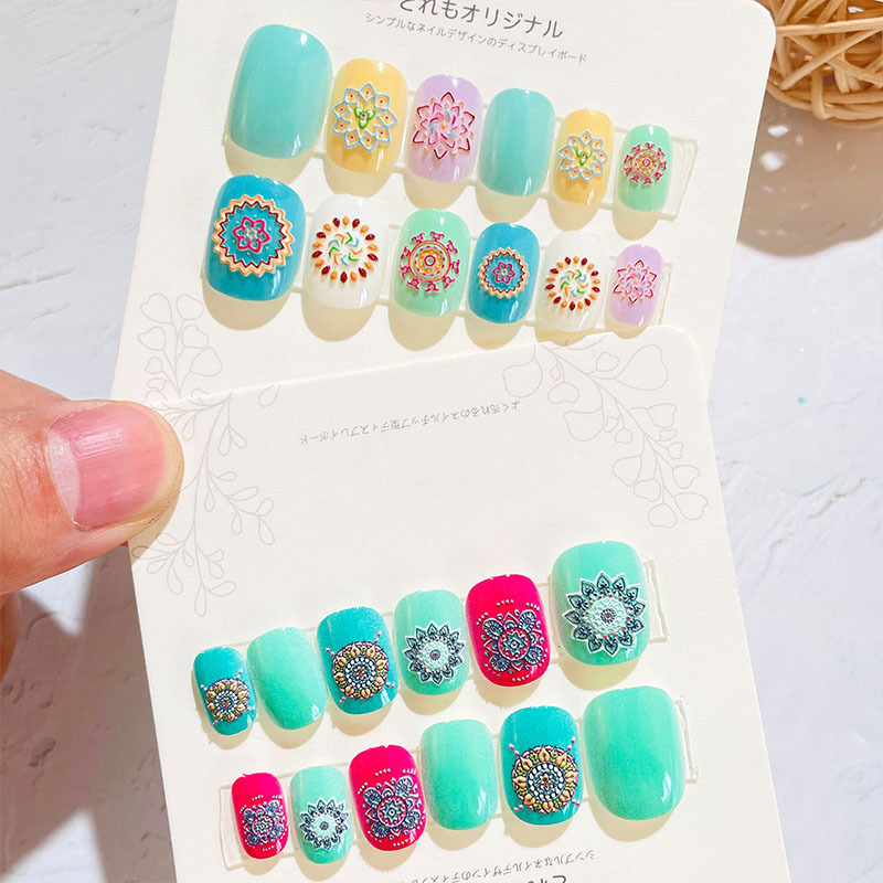 24pcs embossed colorful bohemian reusable child kids press on nails supplies stick on nails press