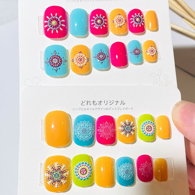 24pcs embossed colorful bohemian reusable child kids press on nails supplies stick on nails press