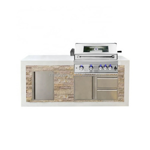 Garden Backyard Villa BBQ Grill Natural Stone Cabinets Stainless Steel Outdoor Kitchen