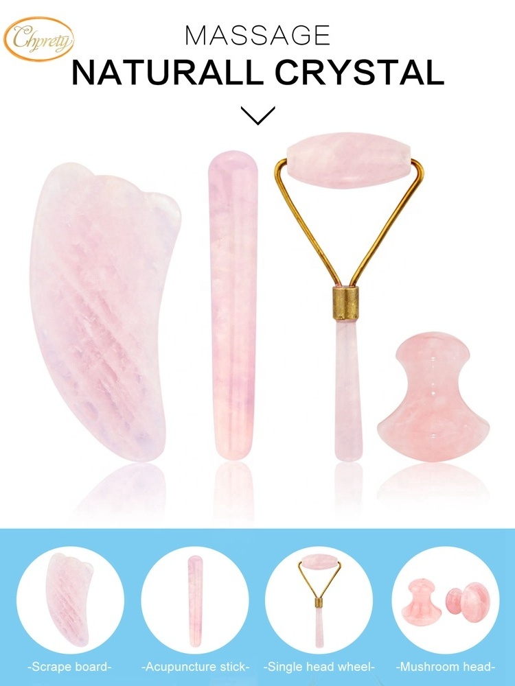 A Natural Massage Jade Roller for Face Tighten Rose Quartz Jade Gua Sha Scrap Massage Pink Crystal Stone Heart Guasha Set