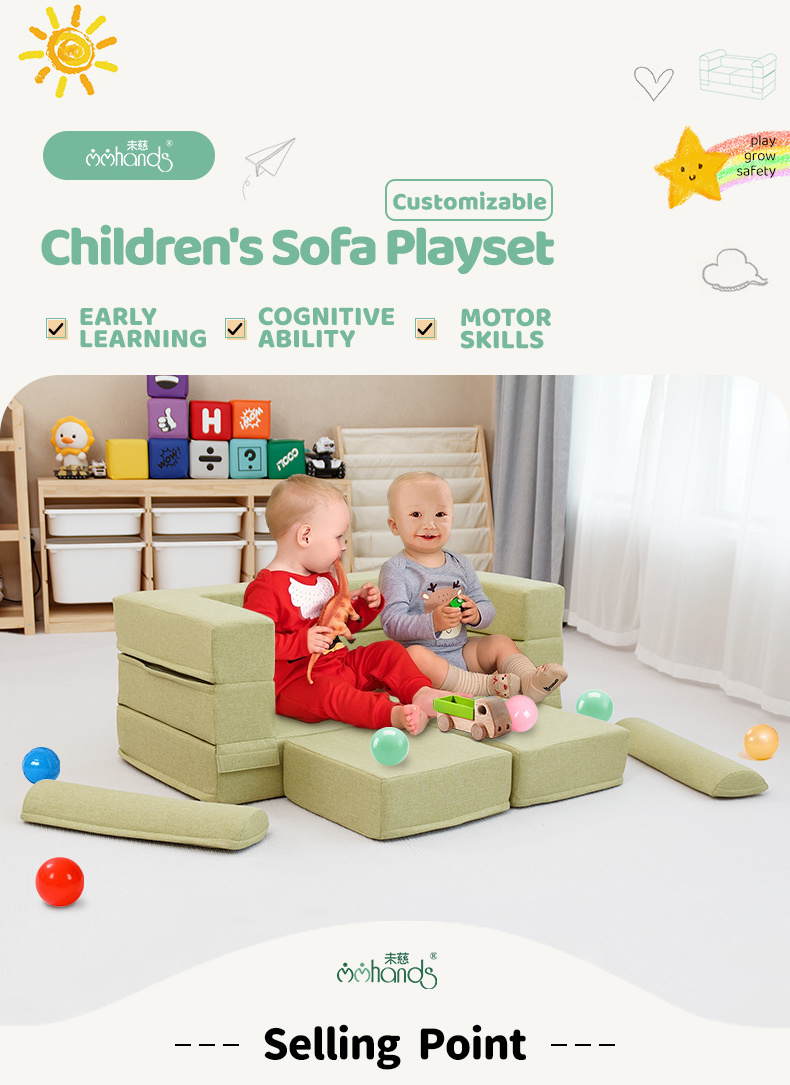 Modern Cozy Linen Kids Play Sofa Flip out Baby Couch Bed and Ball Pit for Indoor Playground