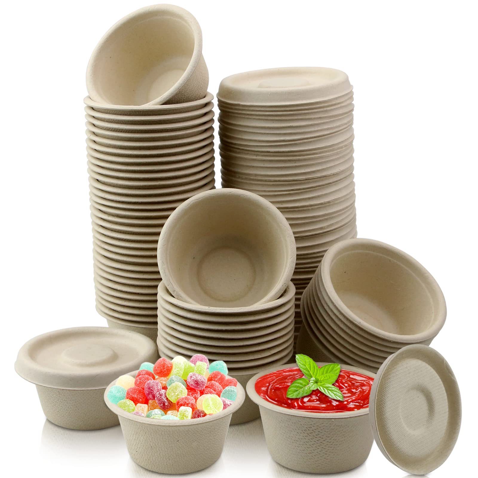 Natural Bagasse Fiber Condiment Cups Compostable Sauce Condiment Containers Disposable Paper Dishes Serving Sample Cups