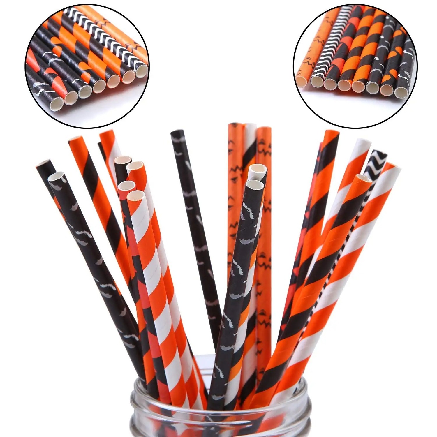 Halloween Paper Straws Pumpkin Bat Spider Web Pattern Straws Black Orange Biodegradable Paper Drinking Straw for Halloween Party