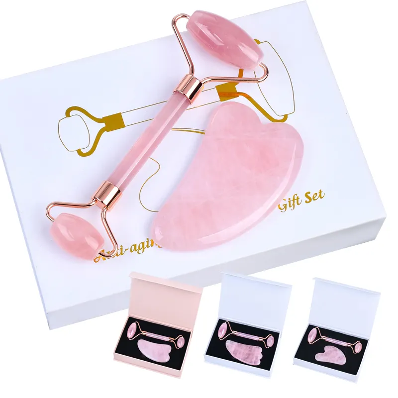 Wholesale Custom Logo Anti Aging Facial Natural Pink Rose Quartz Face Massage White Jade Gua Sha Stone with logo