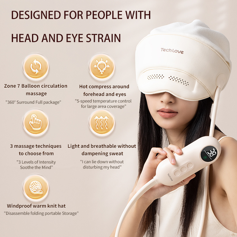 Techlove 2 In 1 Head Eye Massager Electric Heat Compression Air Pressure Vibrating Ems Eye Massager Helmet Head Scalp Massager