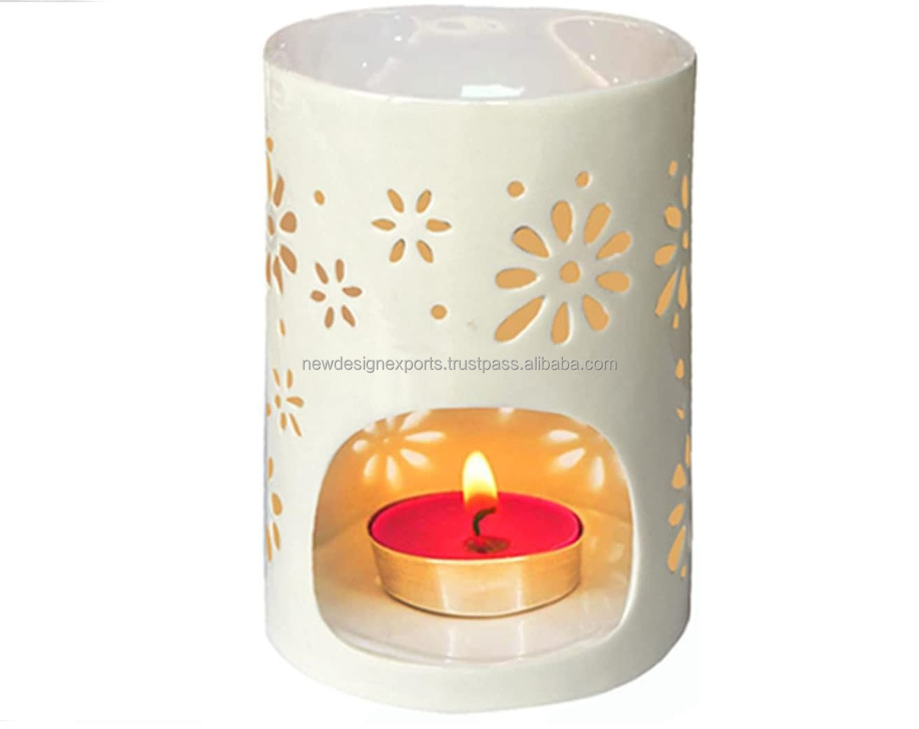 Ceramic Tea Light Holder Aromatherapy Essential Oil Burner Wax Warmer Tealight Holder with White Floral Pattern for Birthday