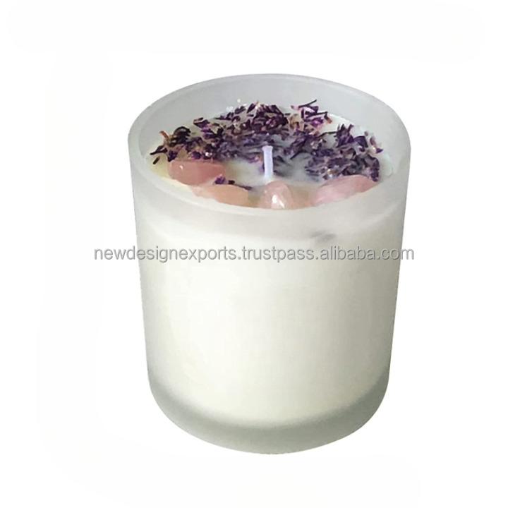 Healing Crystal Candle With Rose Quartz Crystals and Lavender Petals  Soy Wax Lavender Scented Candle