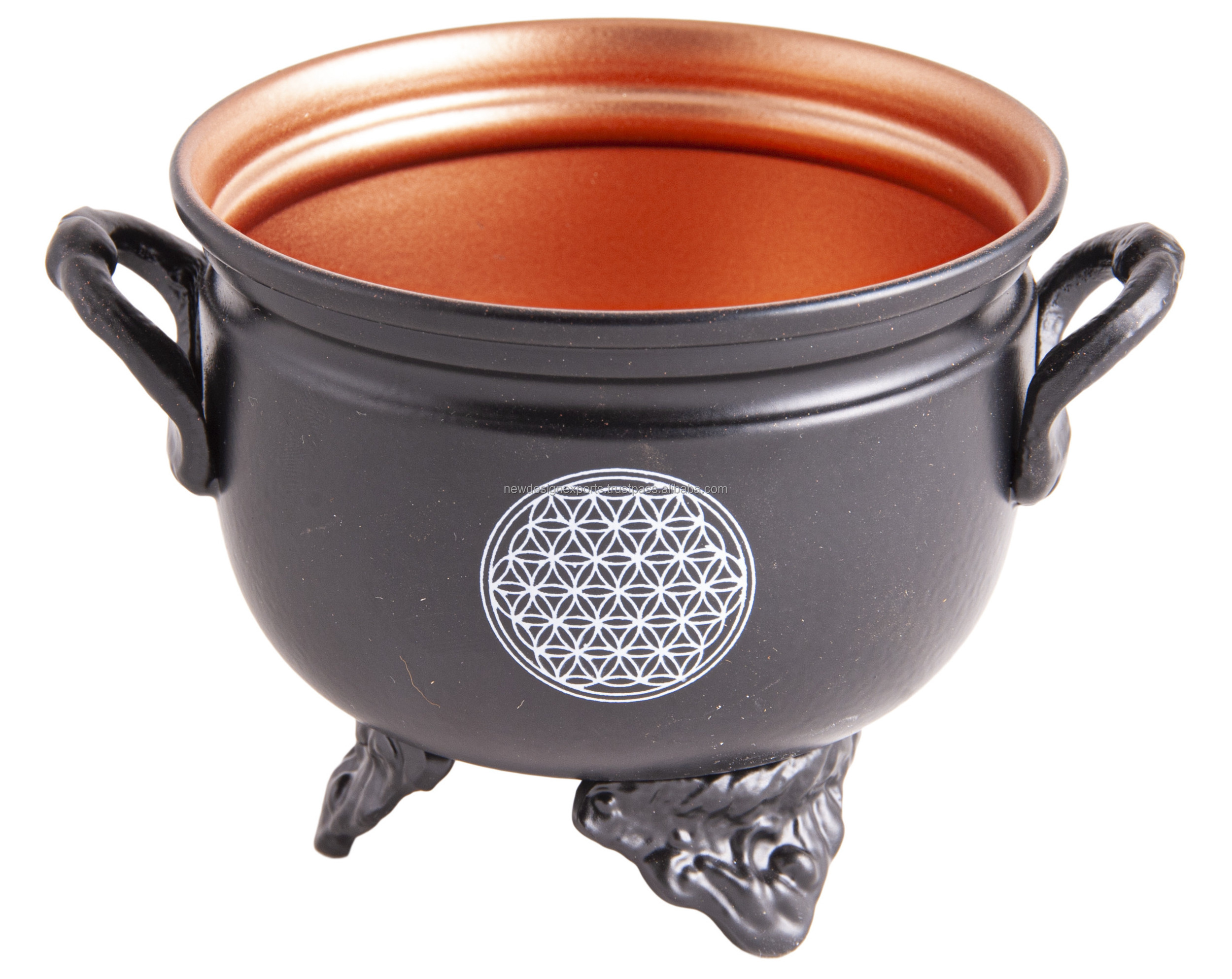 Cauldron Flower PRINTED Iron with cast iron handle For Incense Burning Charcoal Burning Inside Copper Color Out Side Black