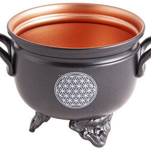 Cauldron Flower PRINTED Iron with cast iron handle For Incense Burning Charcoal Burning Inside Copper Color Out Side Black