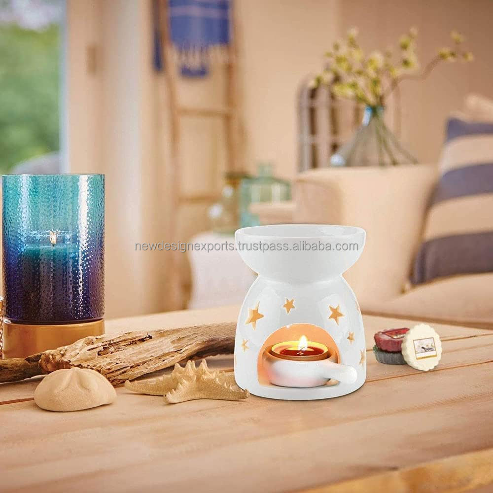 Ceramic Tea Light Holder Aromatherapy Oil Burner Candle Warmers Home Decoration Romantic White Star Pattern