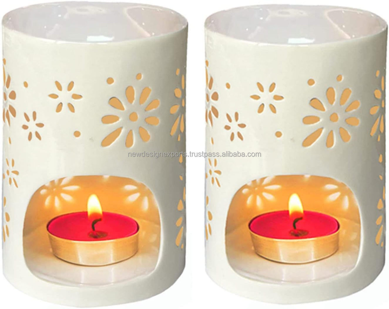 Ceramic Tea Light Holder Aromatherapy Essential Oil Burner Wax Warmer Tealight Holder with White Floral Pattern for Birthday