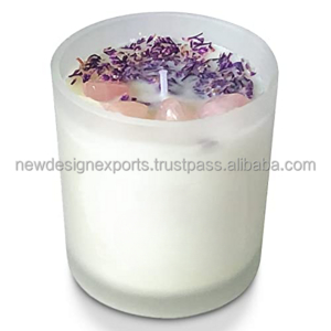 Healing Crystal Candle With Rose Quartz Crystals and Lavender Petals  Soy Wax Lavender Scented Candle