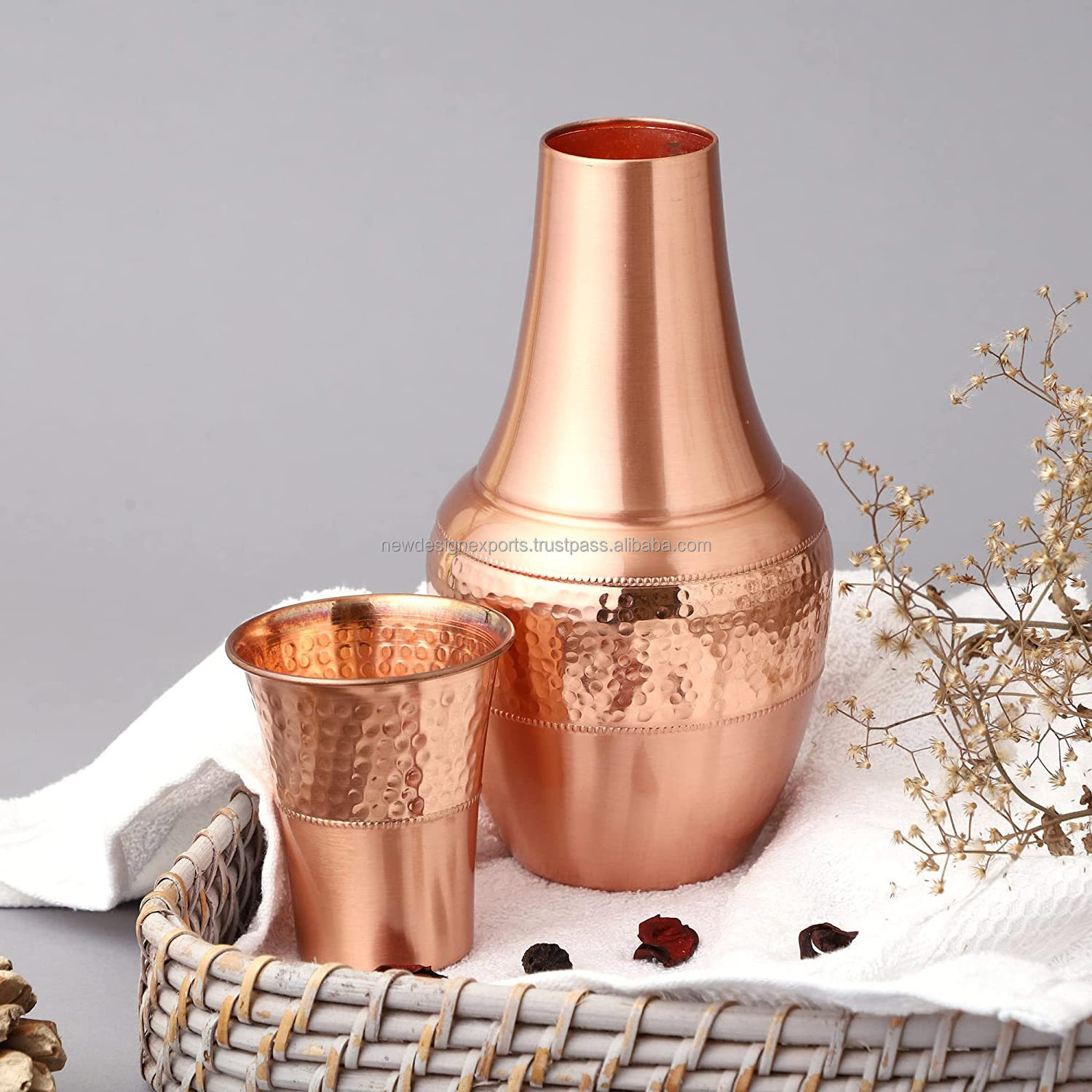 Pure Copper Bedside Carafe Flask with Tumbler For Ayurveda Health Benefits