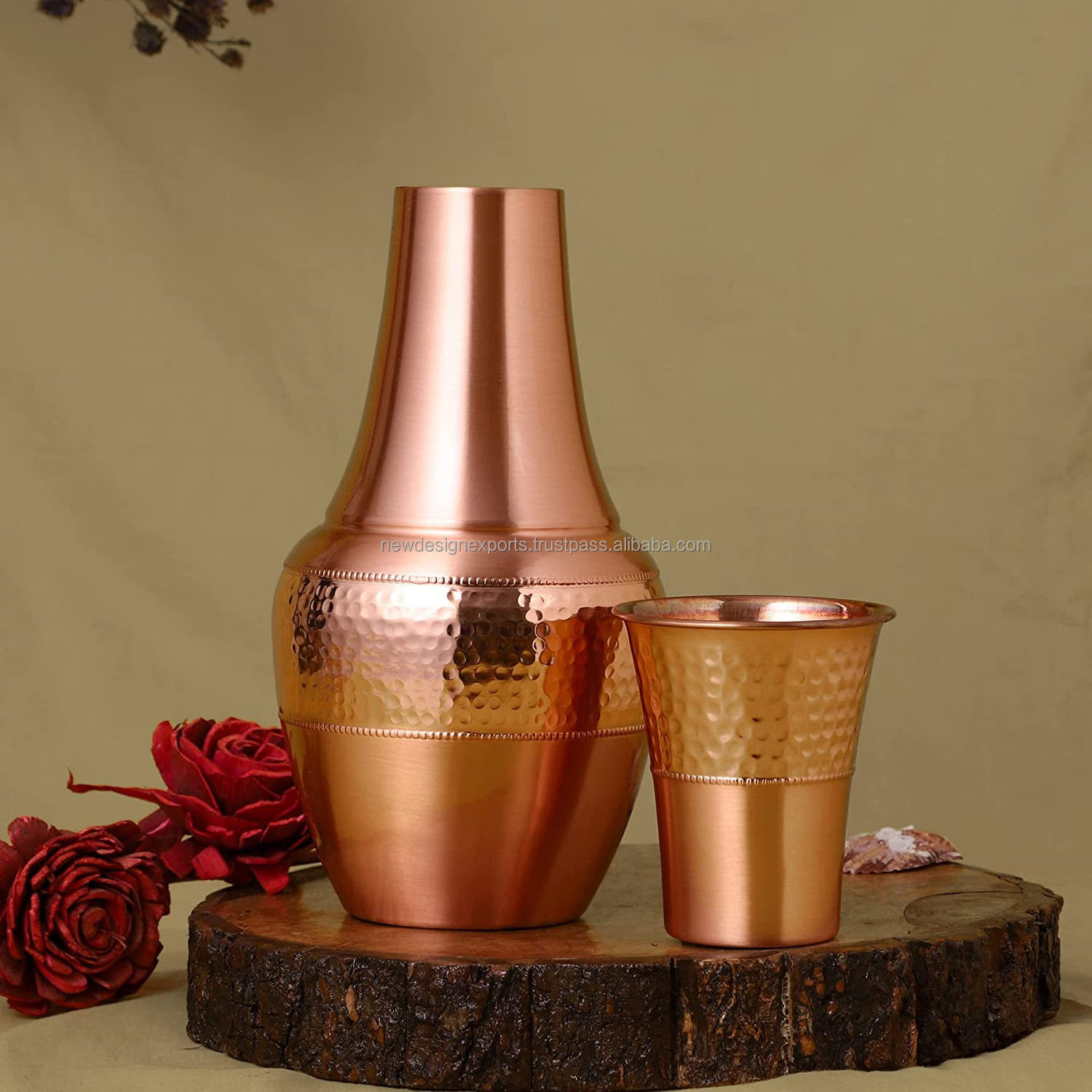 Pure Copper Bedside Carafe Flask with Tumbler For Ayurveda Health Benefits