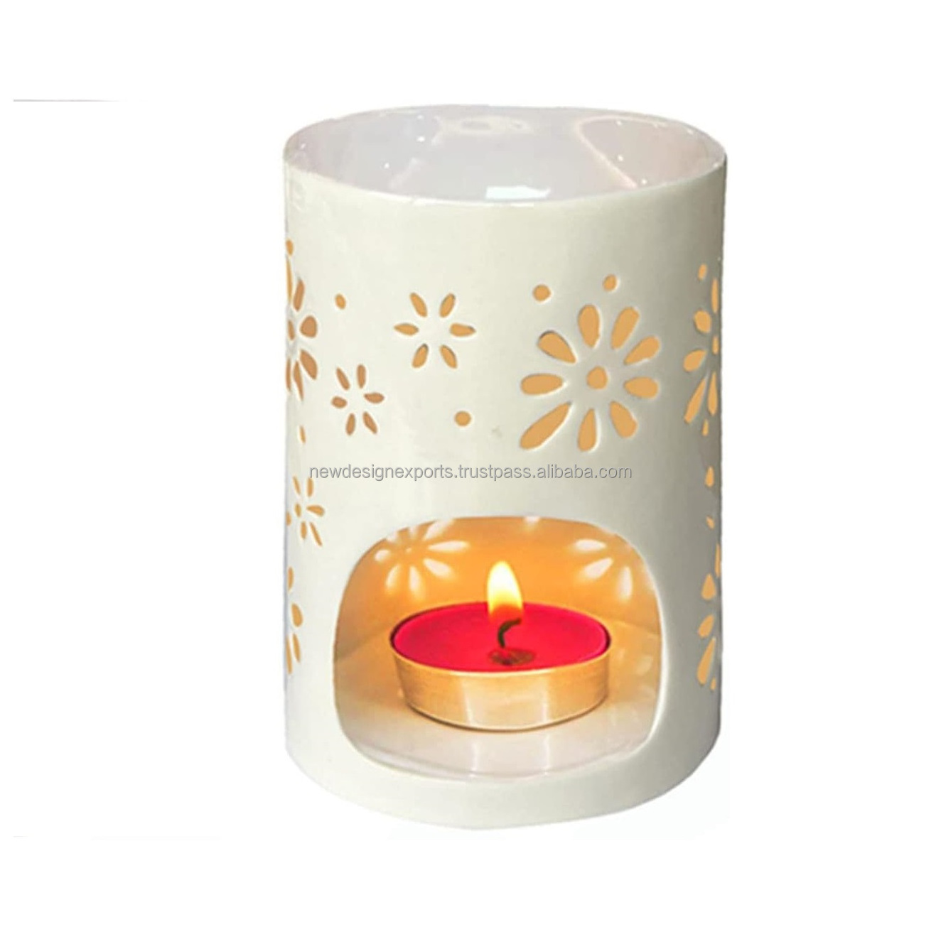 Ceramic Tea Light Holder Aromatherapy Essential Oil Burner Wax Warmer Tealight Holder with White Floral Pattern for Birthday