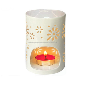 Ceramic Tea Light Holder Aromatherapy Essential Oil Burner Wax Warmer Tealight Holder with White Floral Pattern for Birthday