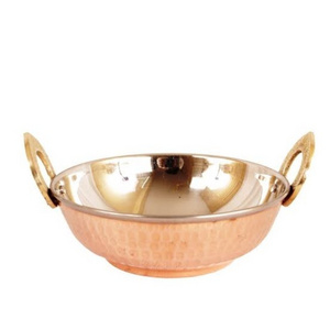 Hot Selling Copper Bottom Cookware Kadahi New Handmade Stainless Steel Copper Solid Hammered Serving Kadhai Supply By India