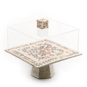 Mother of Pearl Display Server Dessert Platter Stand With Dome Lid Hot Selling Bone Inlay Square Shape Cake Stand Server