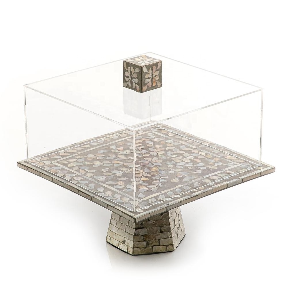 Mother of Pearl Display Server Dessert Platter Stand With Dome Lid Hot Selling Bone Inlay Square Shape Cake Stand Server