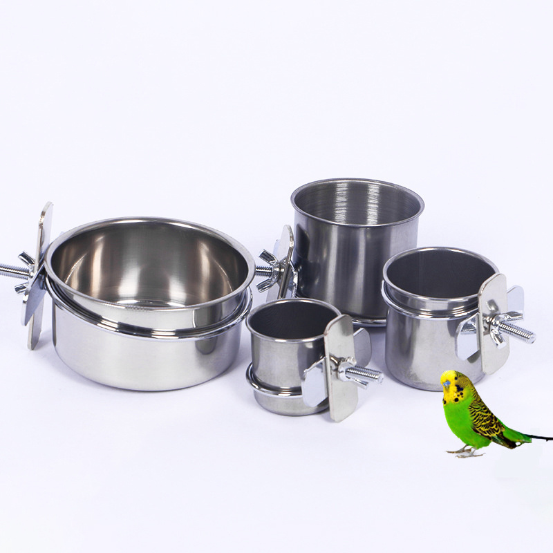 Durable Bird Cage Hanging Feeding Cups Dishes Seed Food Water Stainless Steel Bird Feeder with Clamp