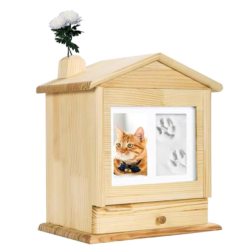 Cat Dog Small Animals Ashes Memorial Keepsake Wood Cremation Box Pet Urns with Photo Frame Pawprint Clay