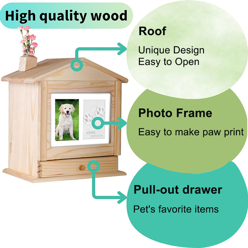 Cat Dog Small Animals Ashes Memorial Keepsake Wood Cremation Box Pet Urns with Photo Frame Pawprint Clay