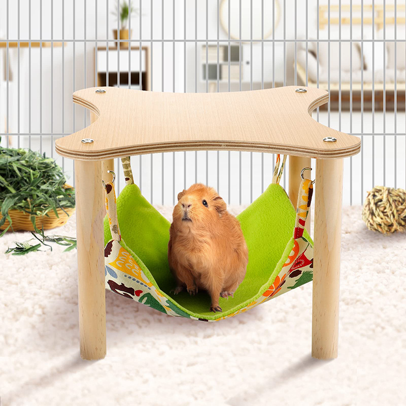 Wood Small Animal Sleeping Playing Hamster Guinea Pigs Hideout Hammock Hanging Bed with Wooden Stand Platform