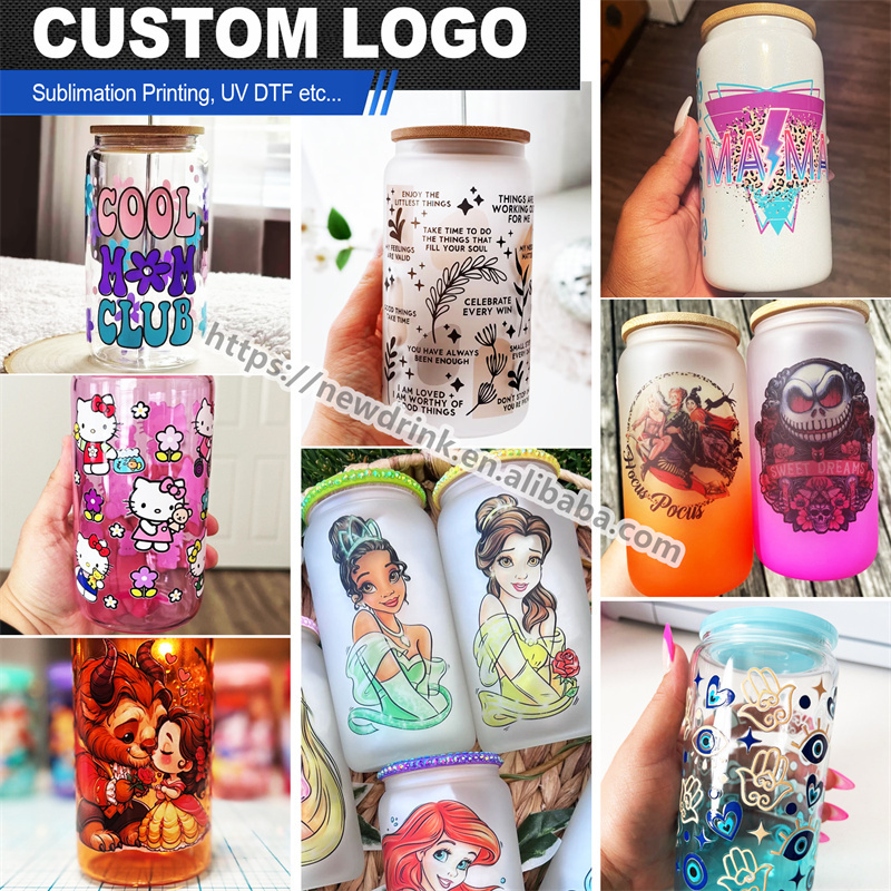 Custom Print DIY Gift 16oz 16 oz High Borosilicate Clear Frosted Blank Sublimation Soda Beer Glass Can with Bamboo Lid and Straw