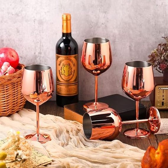 Factory Custom Logo Rose Gold & Black 18oz Stainless Steel Wine Glasses Unbreakable Stemmed Wine Glass Champagne Flute