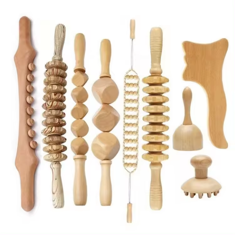 9 in 1 Wood Therapy Kit Wooden Massager Roller Gua Sha Roller for Muscle Pain Relief Body Sculpting Tools