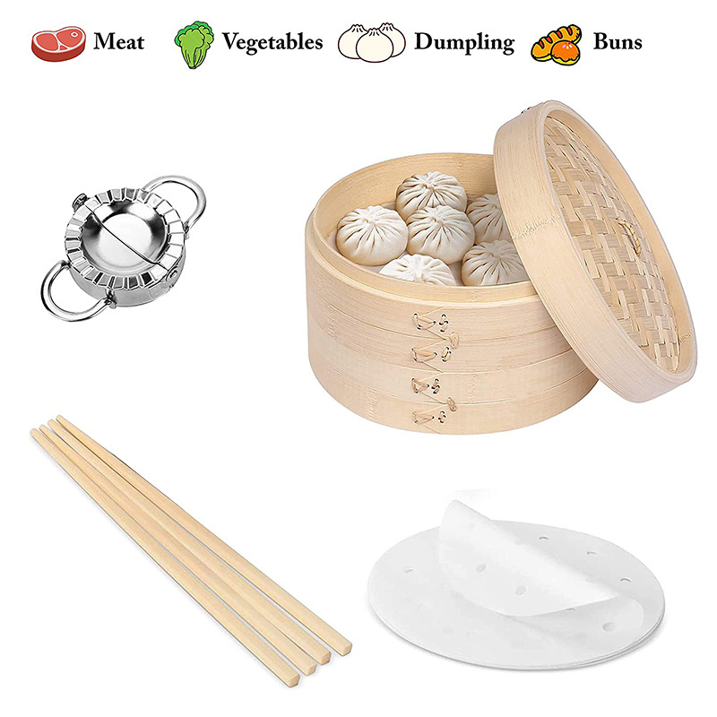 Newell 10inch Bamboo Steamer Set Kitchen Mini Favors Food Momo Wholesale Chinese Dim Sum Basket Bamboo Steamer Set with Logo