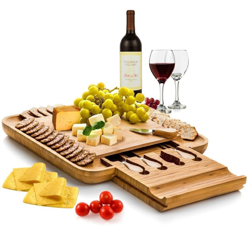 Newell Natural Unique Utensils Sets and 4 Stainless Steel Cutting Knives Set Bamboo Cheese Board With Cheese Tools