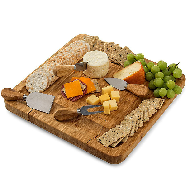 Newell Natural Unique Utensils Sets and 4 Stainless Steel Cutting Knives Set Bamboo Cheese Board With Cheese Tools